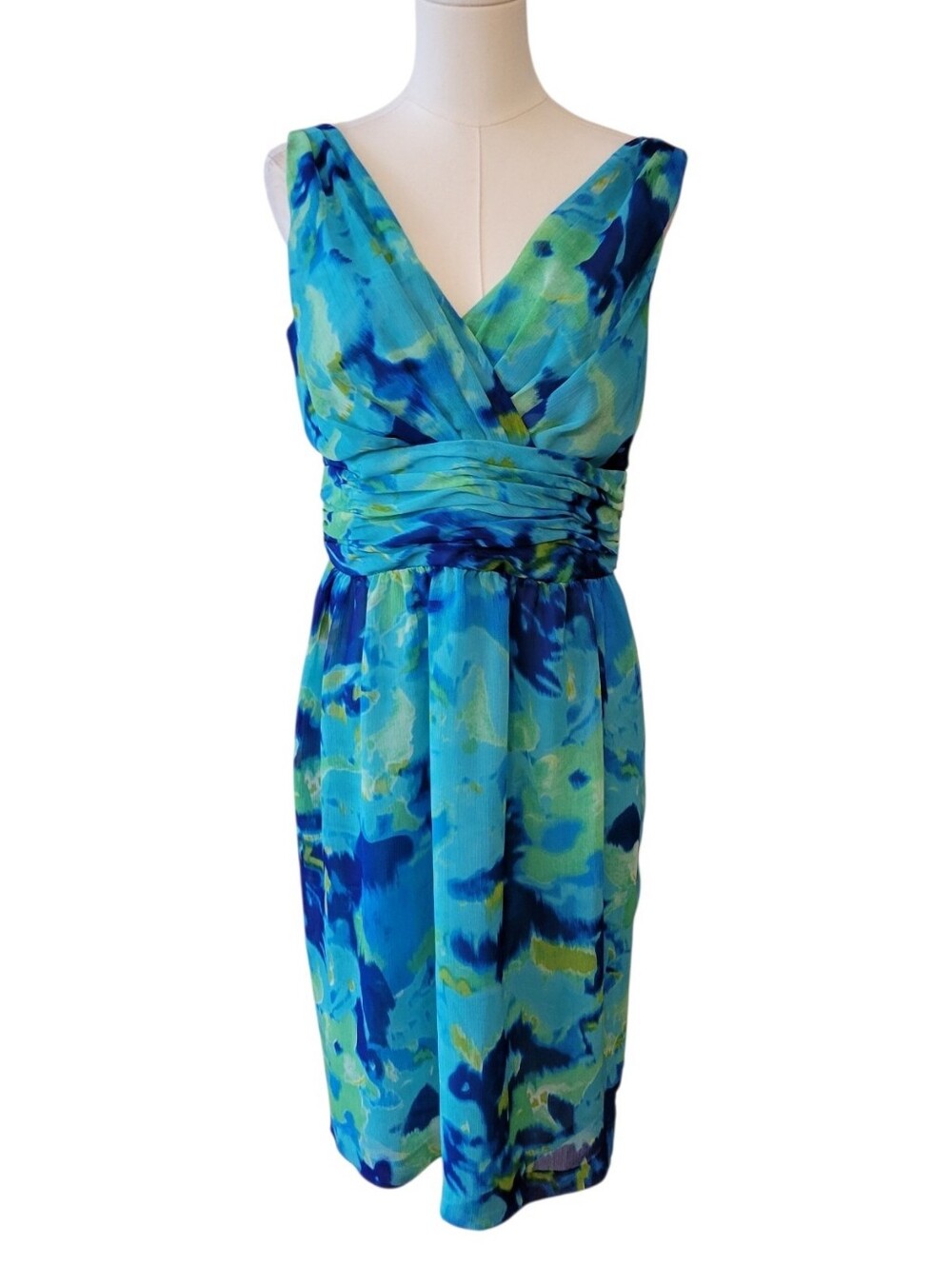 Evan Picone Blue & Green Watercolor Chiffon Cocktail Dress Size‎ 12